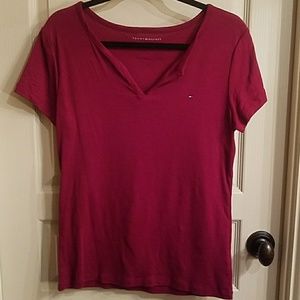 Tommy Hilfiger maroon split neck t-shirt